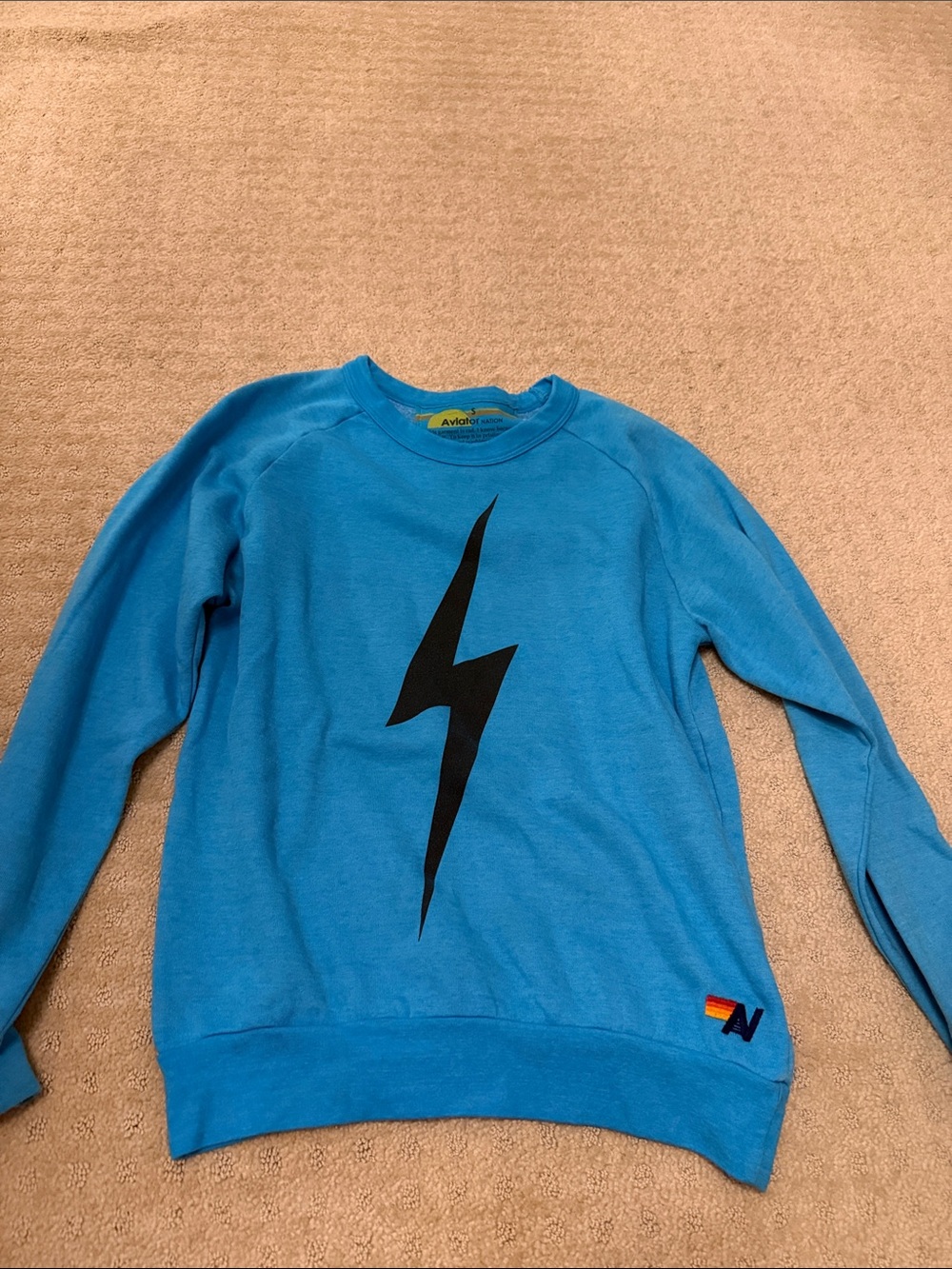 Aviator Nation Blue Crewneck Sweatshirt with Black Lightning Bolt